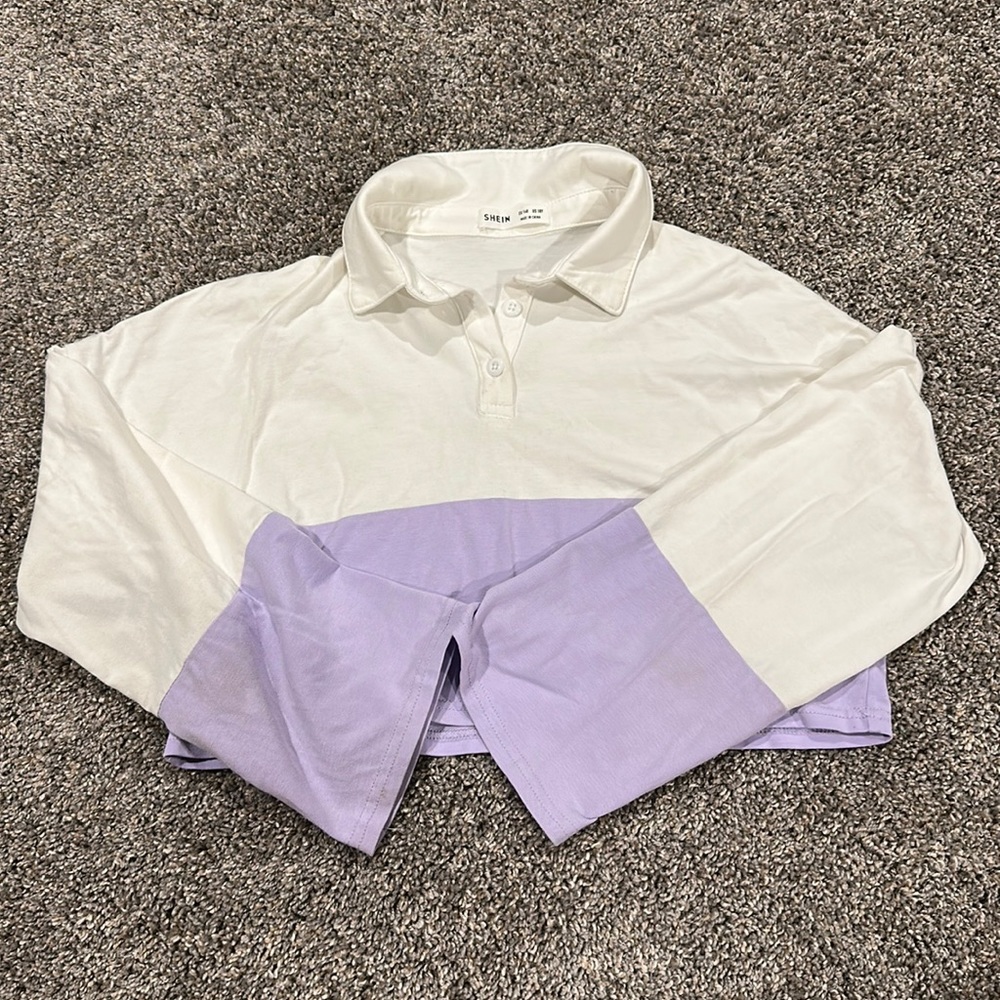 white long sleeve polo half striped purple
